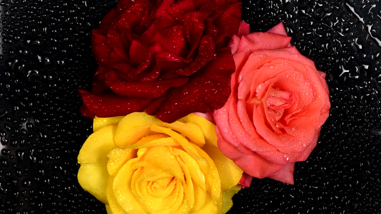 노란색, 빨간색, 분홍색의 장미와 검은색 배경에 물방울, 클로즈업 비디오,  뷰, 반시계 방향 회전, 루프 모션.