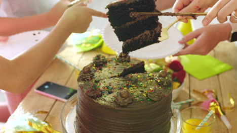 kids sharing chocolate cake at a birthday party