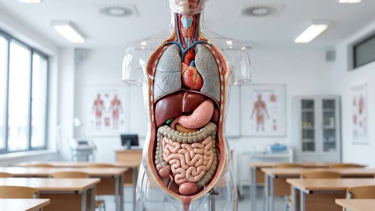 Scientific laboratory footage showing medical professionals beside an anatomy display in a bright lab during medical anatomy research