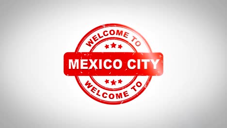 welcome to mexico city signed stamping text wooden stamp animation. red ink on clean white paper surface background with green matte background included.