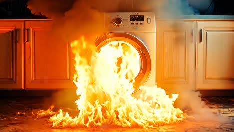 a burning washing machine in a kitchen with a fire coming out of it