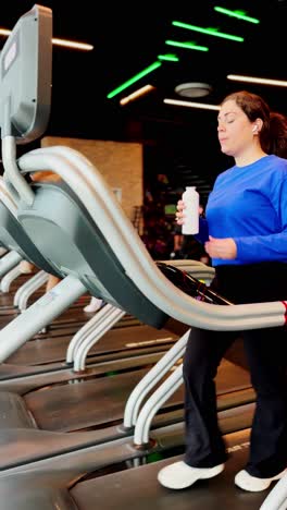 Woman drinking water while walking on treadmill at gym