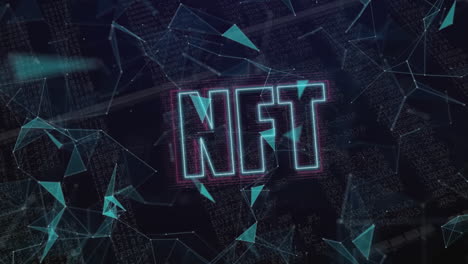 banner de texto de neón nft sobre redes plexus contra el procesamiento de datos en fondo negro