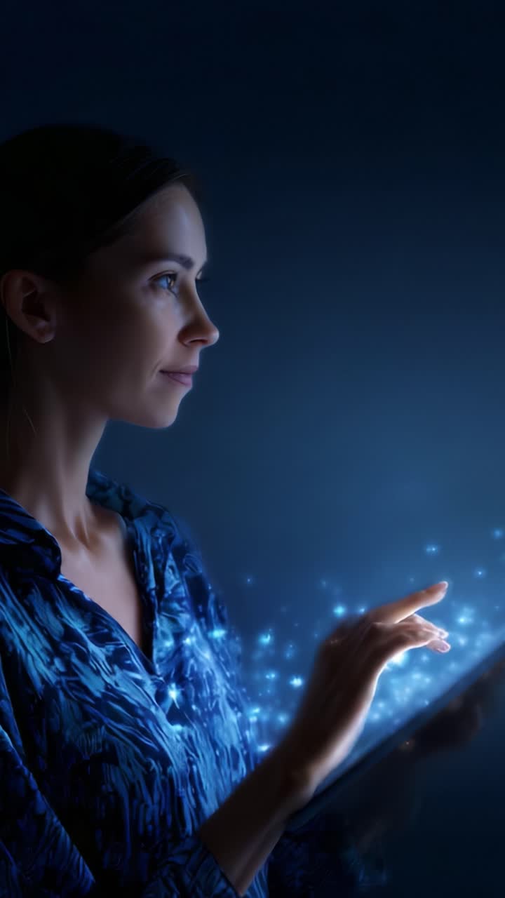 Una donna guarda pensierosa il suo dispositivo digitale, illuminando il suo viso con una tenue luce blu, incarnando innovazione, creatività e tecnologia moderna in un ambiente sereno