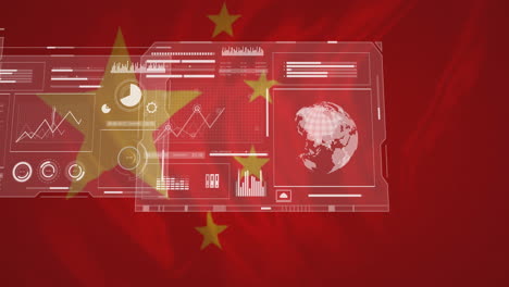 data analytics and global statistics animation over chinese flag background