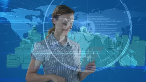 Animation-of-caucasian-businesswoman-using-tablet-and-network-of-connections-over-cityscape