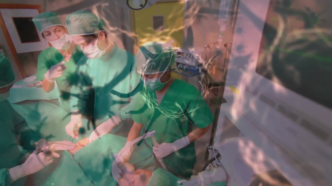 Animazione di cellule virali che fluttuano su medici durante un intervento chirurgico