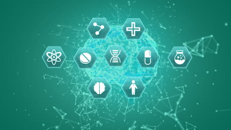 iconos médicos y un cerebro digital rodeado de líneas asimétricas