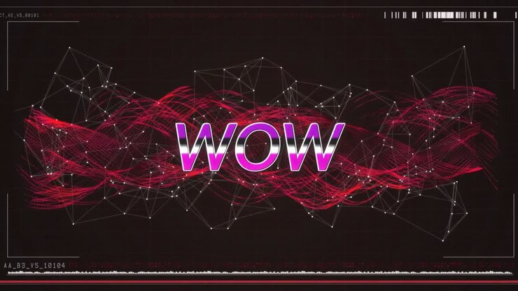 Animazione del testo 'wow' sopra una rete di connessioni