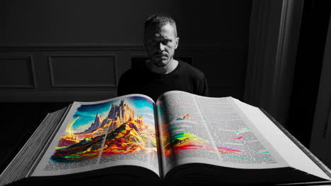 man reading a large, illuminated fantasy book