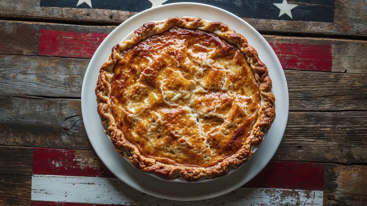 pastel de manzana casero en el mantel de la bandera estadounidense