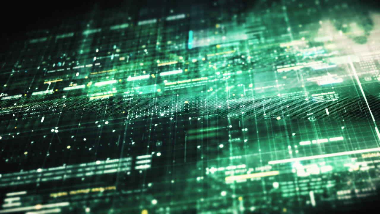 Advance data matrix, telemetry and encrypt numbers simulation user interface display in cyber space abstract de-focus environment background
