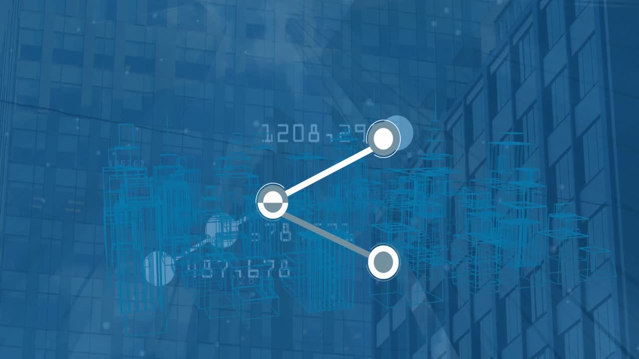 animación de puntos de conexión y modelo de ciudad 3d girando contra edificios altos.