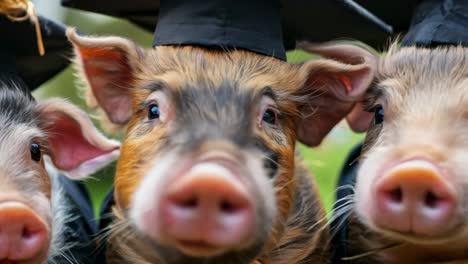 tres cerdos pequeños con sombreros y vestidos de graduación