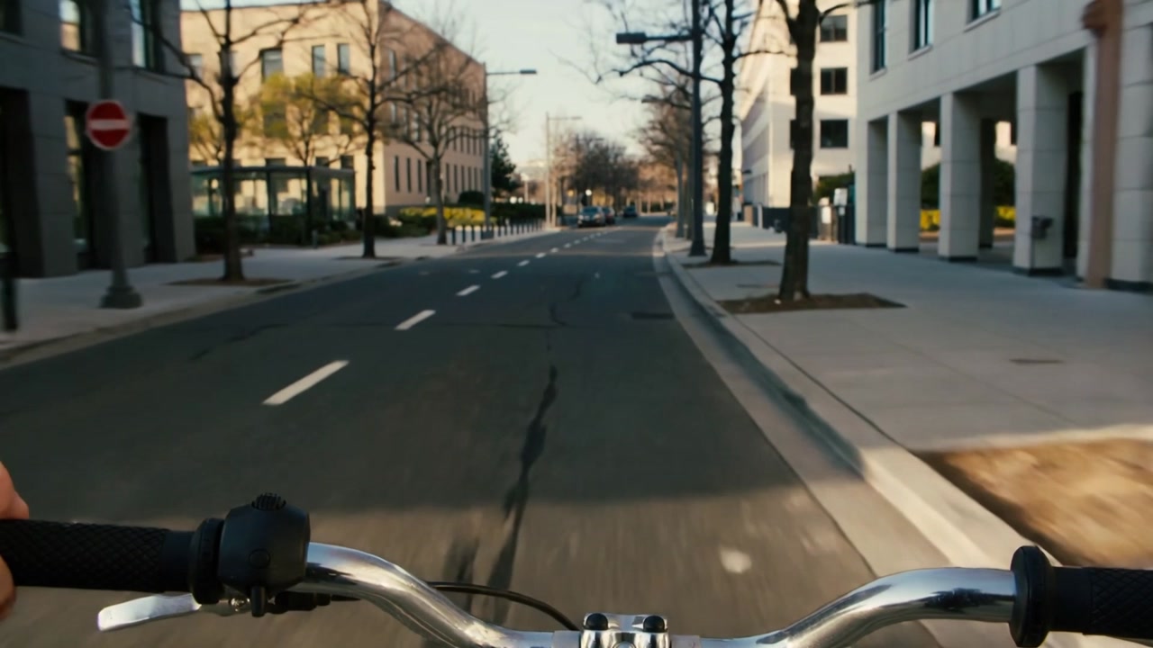 Pedaling rider prompted by empty road making tweaks on urban street with dark sleeve, handlebars