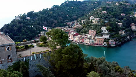 aerial past terrazza del castello observation deck with epic view over portofino