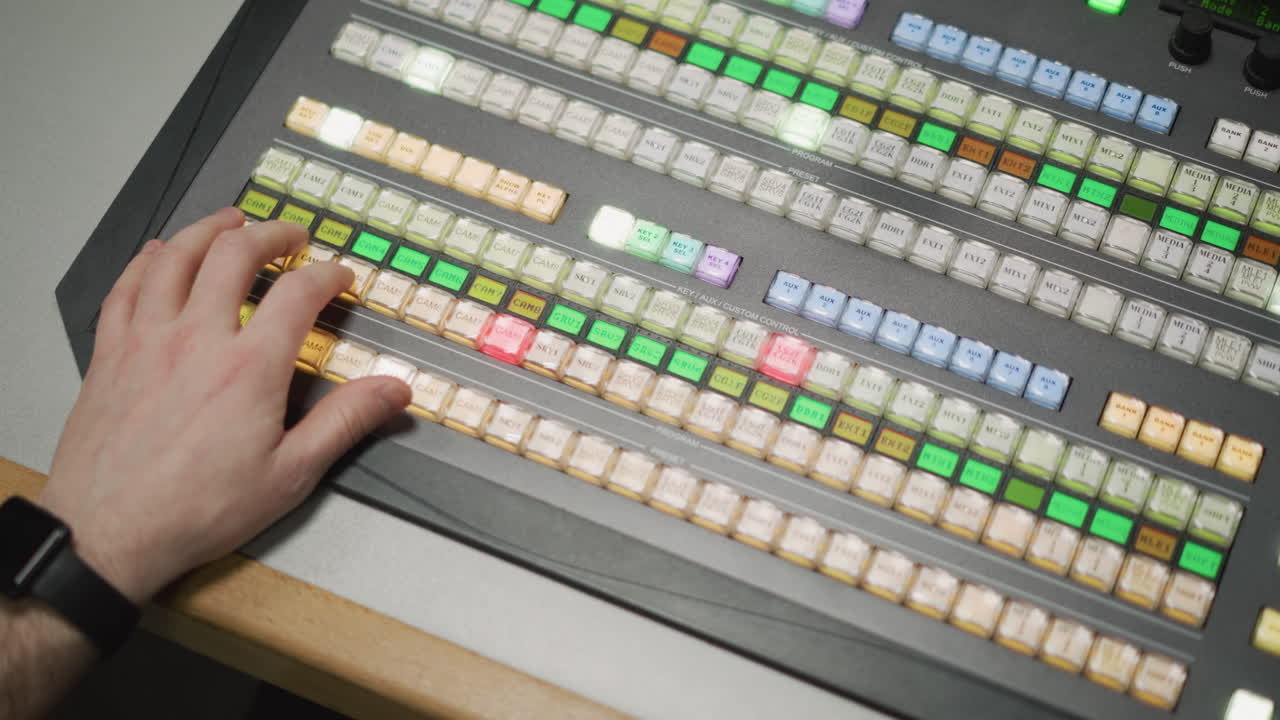 Close-up of hand operating professional video switcher, pressing keys for camera transitions, controlling media feeds in live production, broadcasting control desk, high-tech production setup