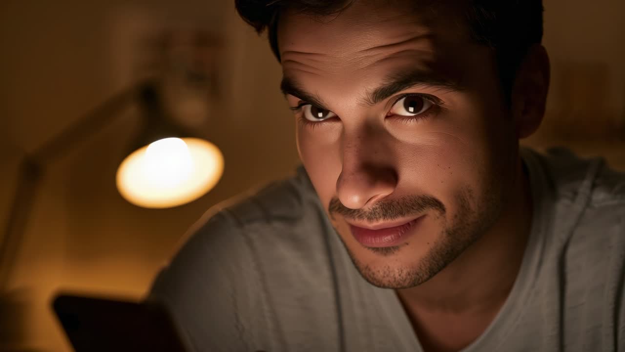 Smiling man reading smartphone message, reacting, raising gaze to camera at home in gray tee, lamp