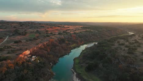 Scenic-Landscape-Of-Llano-River-At-Sunset-In-Texas,-USA---aerial-drone-shot