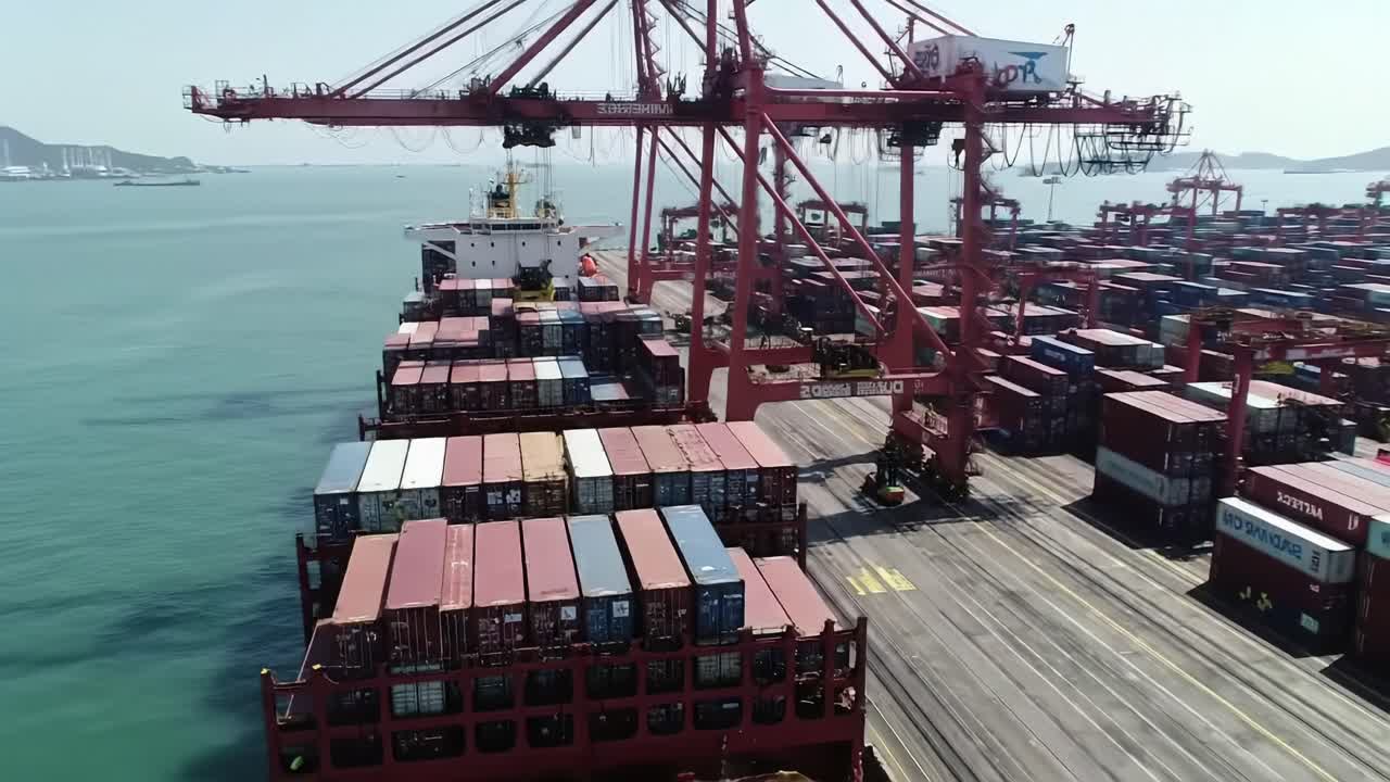 An aerial view of a busy cargo terminal, showcasing a massive container ship being loaded and unloaded by towering cranes with numerous containers stacked on the docks