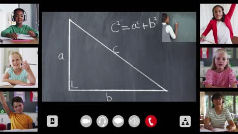 animation of interface screen with chalkboard, teacher and six diverse children in online lesson