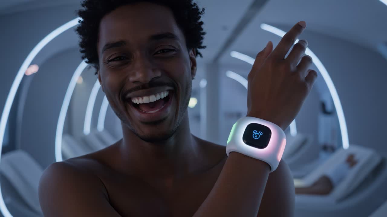 A joyful individual showcases a modern smartwatch, highlighting its innovative design and capabilities, set against a sleek, futuristic backdrop of a high-tech environment