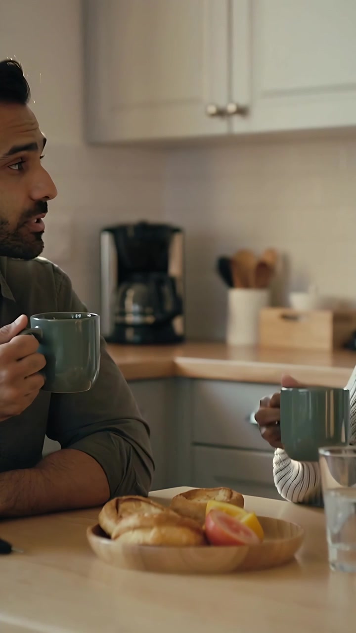 Vertical video: Talking man in olive top while woman in sweater sipping matching green mugs at home