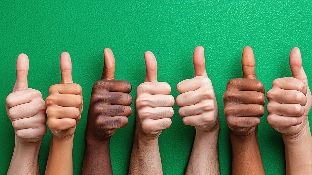Un grupo diverso de manos mostrando pulgares arriba en señal de unidad sobre un fondo verde simboliza un ambiente positivo e inclusividad en los logros.