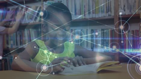 Animation-of-network-of-connections-over-diverse-schoolchildren-in-library