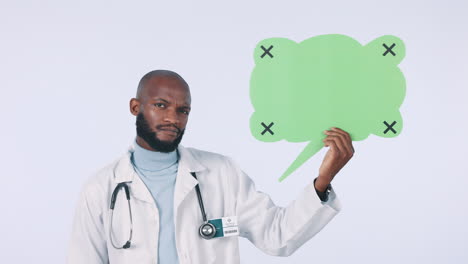 speech bubble, doctor and face of black man