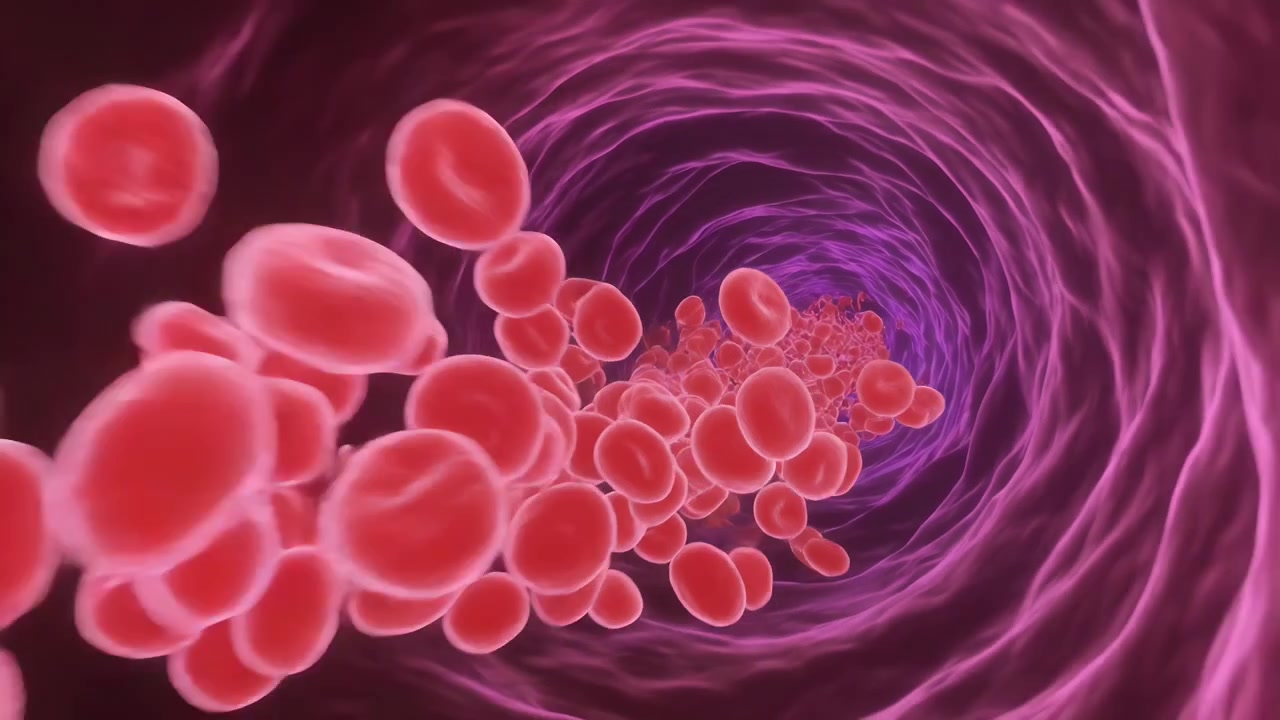 Pulling-back revealing stream of red blood cells flowing through vessel lumen, dispersing outward