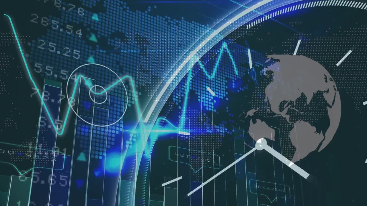 검은색 배경에 데이터 처리를 통해 움직이는 시계와 지구의 애니메이션