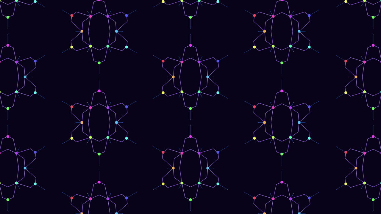 검은 바탕에 다채로운 기하학적 패턴 대칭적이고 현대적인 디자인
