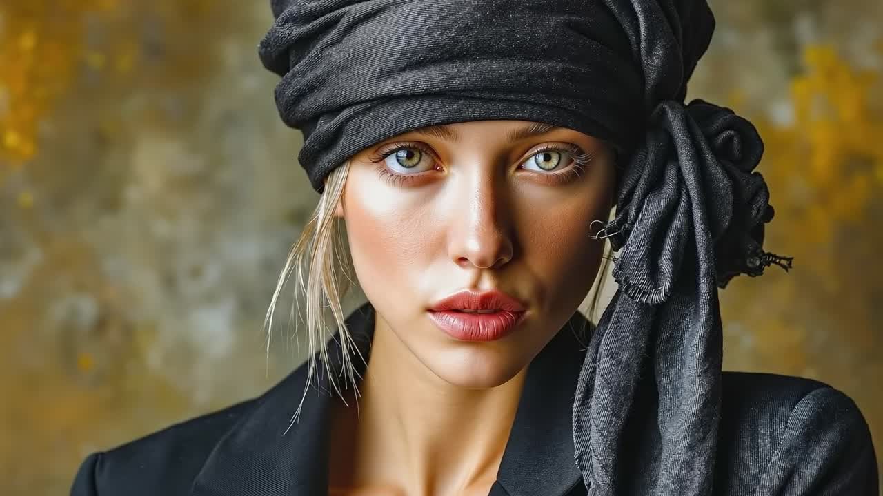 A woman wearing a black turban with a flower on her head