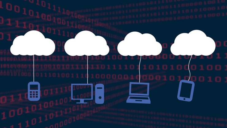 Animation of cloud icons and data processing over dark background