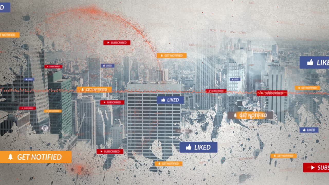 City skyline with social media notifications and interactions overlay animation