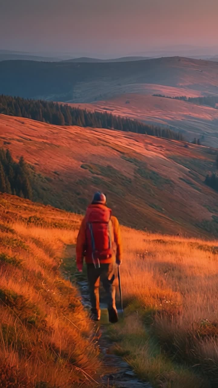 A Solo Hiker Journeying Through Majestic Sunset Landscapes, Surrounded by Rolling Hills and Vast Meadows, Embracing the Beauty of Nature's Quietude and Reflection