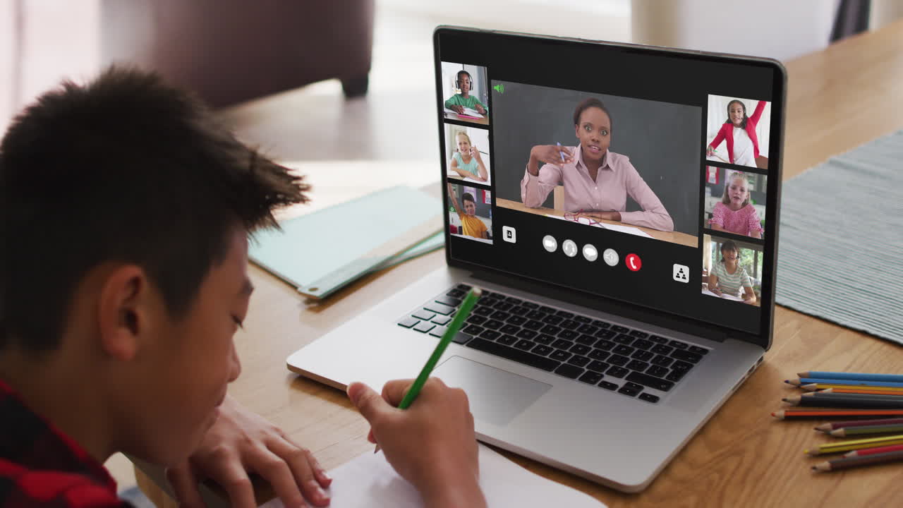 Composite of boy using laptop for online lesson at home, with diverse teacher and class on screen
