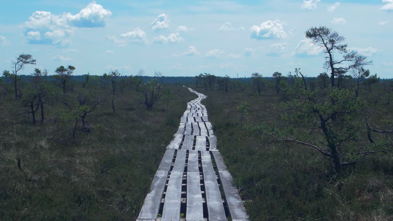 더운 여름날 두니카(dunika)의 아름다운 빈 늪지 인 도교 경로, 경치 좋은 구름, 열파와 함께 넓은 샷