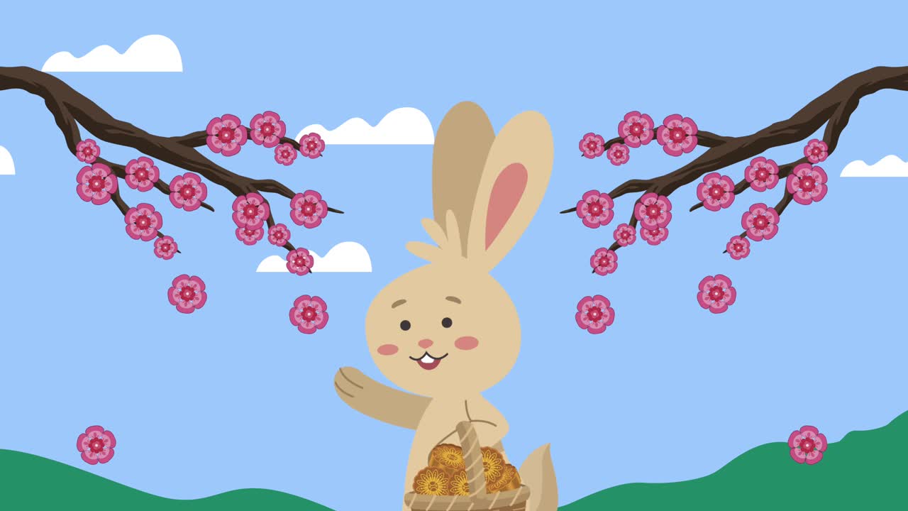 happy mid autumn festival animation with rabbit and tree branches