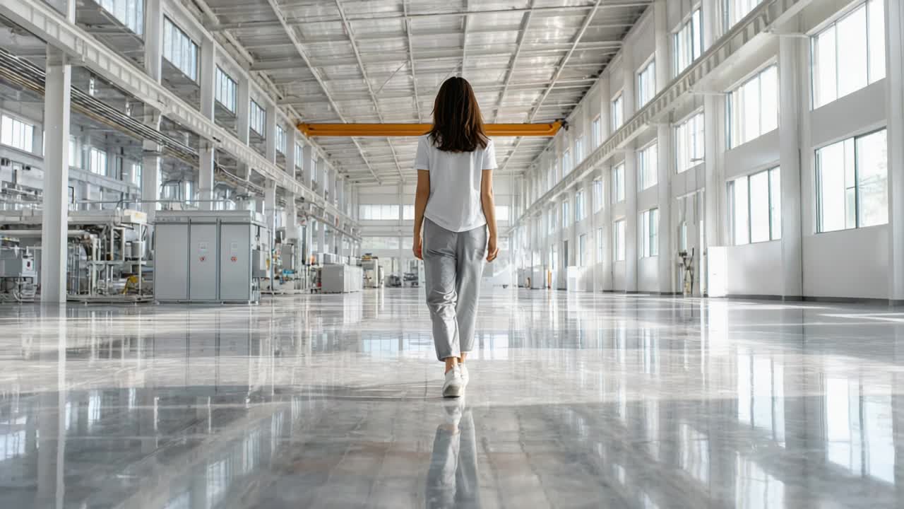Woman Walking in a Modern Factory