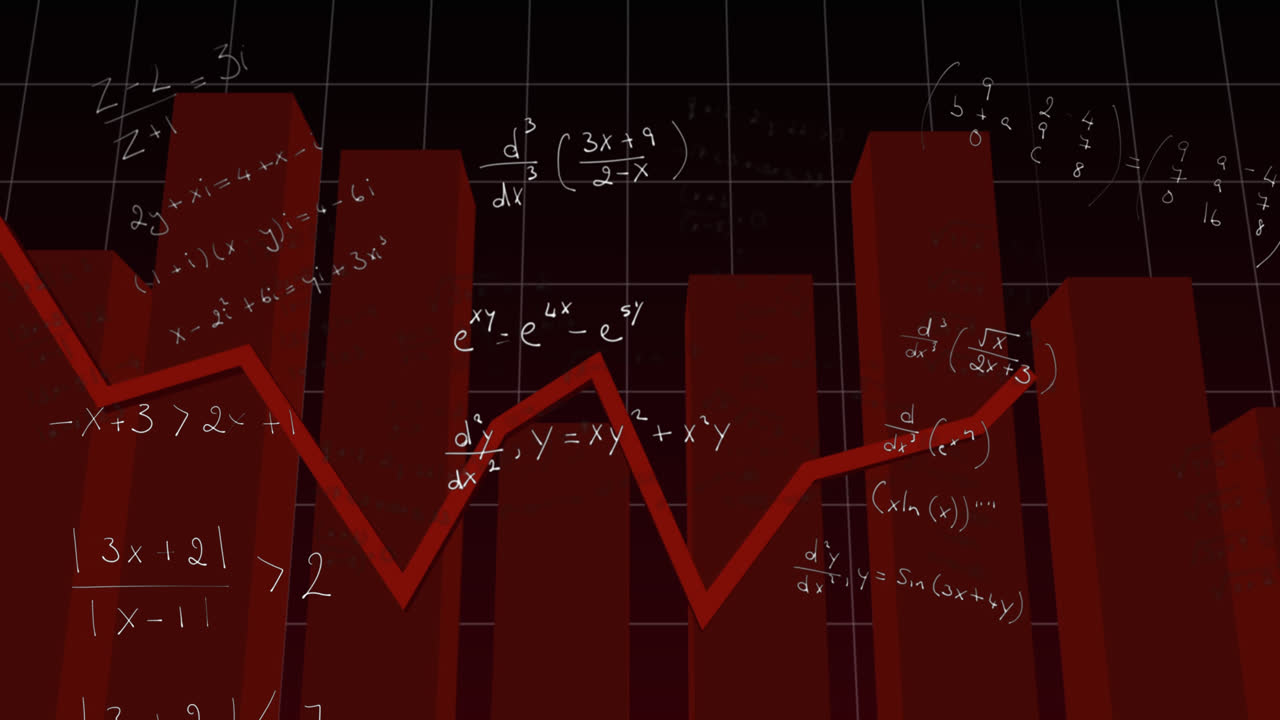 Animation of data processing with math equation and red graphs