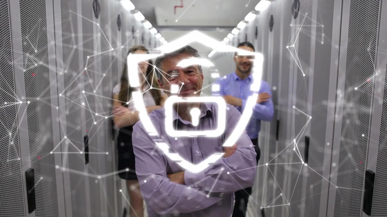 Animation of padlock and network over happy business colleagues in computer server room