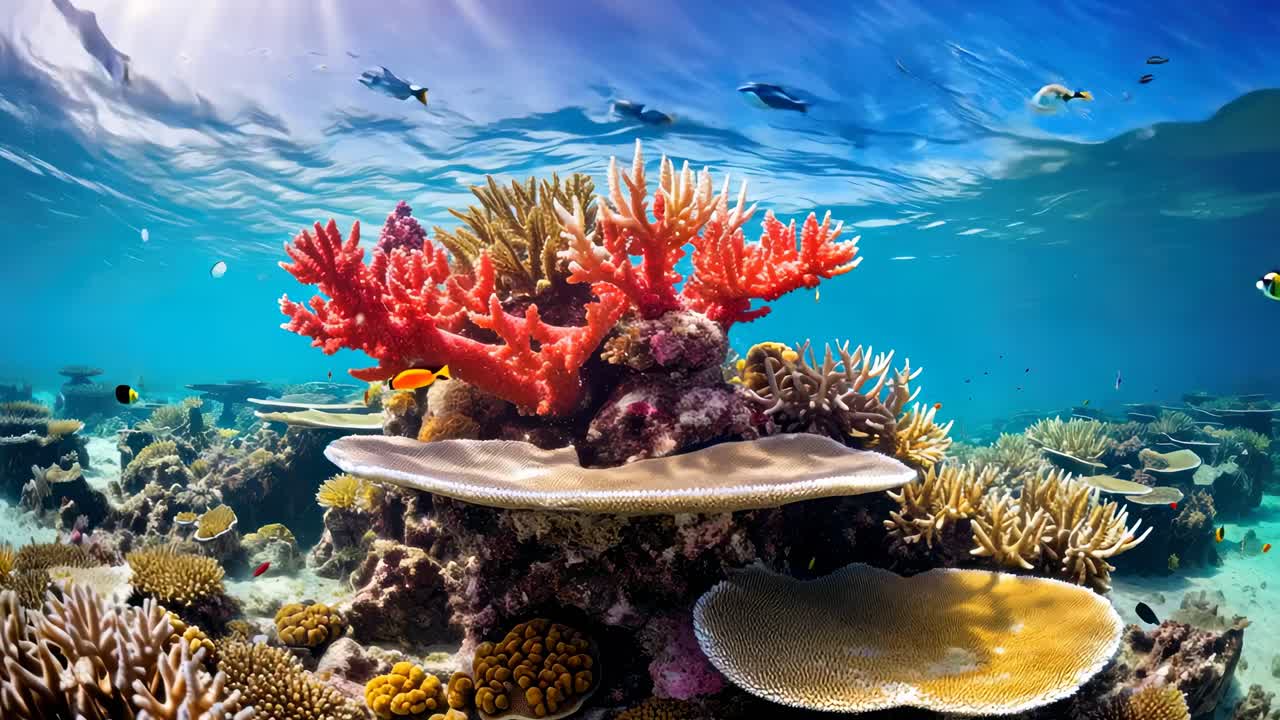 Vibrant underwater scene with colorful coral and fish, captured from a wide-angle perspective