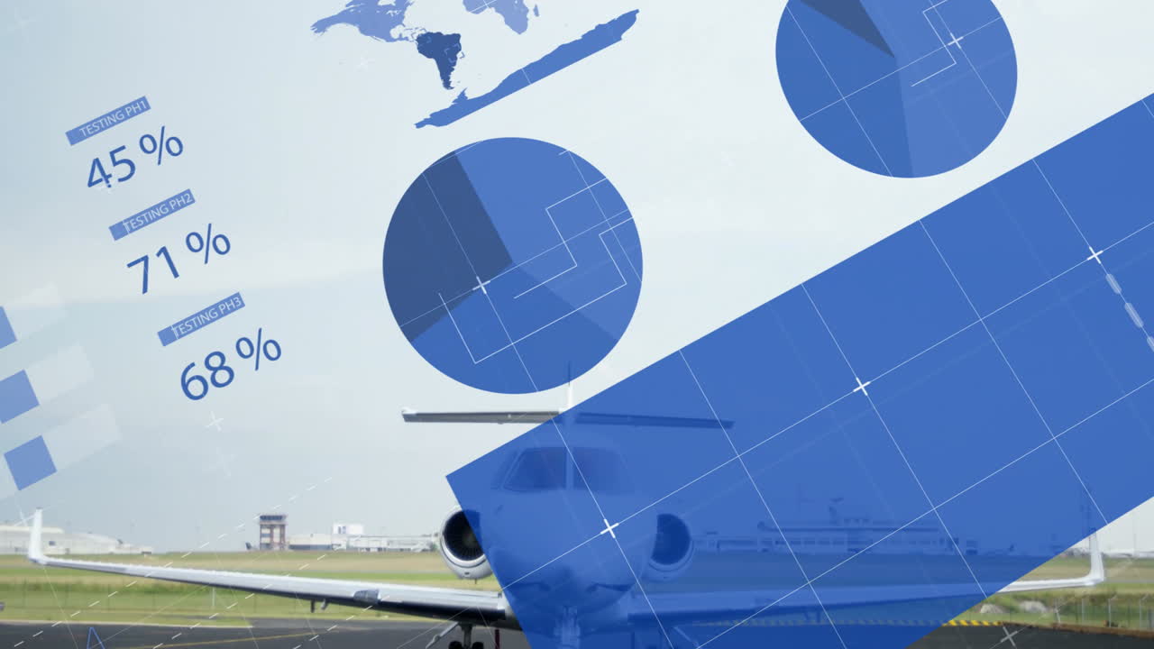 Animation of blue geometric shapes and data overlaying airplane on runway