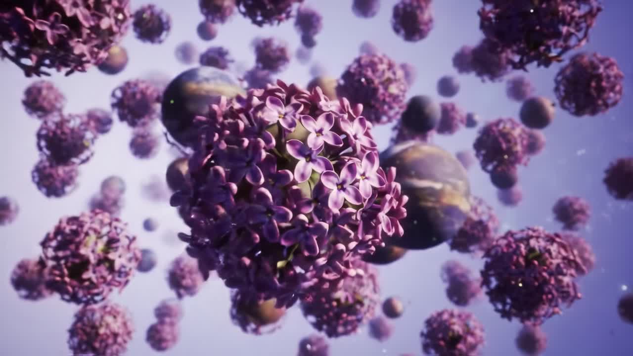 Discover a mesmerizing world filled with floating purple flowers and celestial spheres. This captivating environment showcases the beauty of nature mixed with cosmic elements.