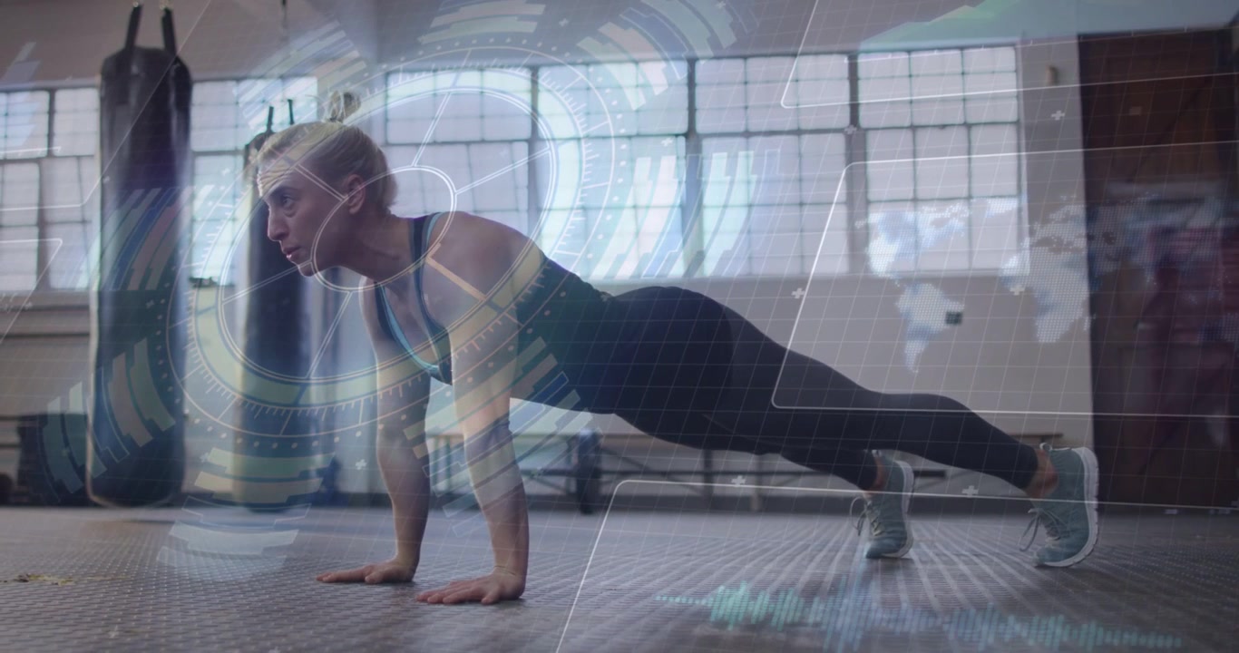 Female trainee starting from high plank performing push-ups in gym for strength with HUD metrics