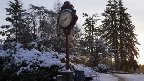 gimbal tilt up shot of clock in street of vancouver, winter landscape