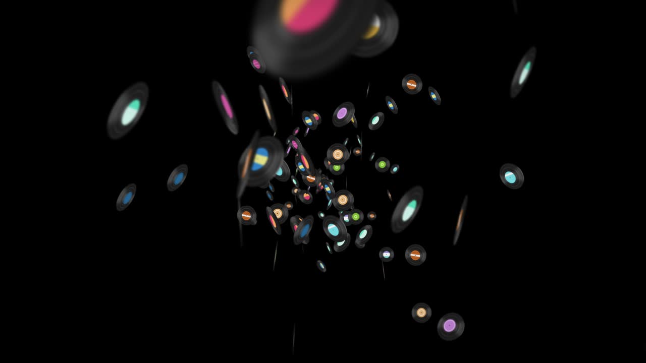 Flying many vinyl records on black background. Old technology. Retro design. 3D animation of music record rotating. Loop animation.