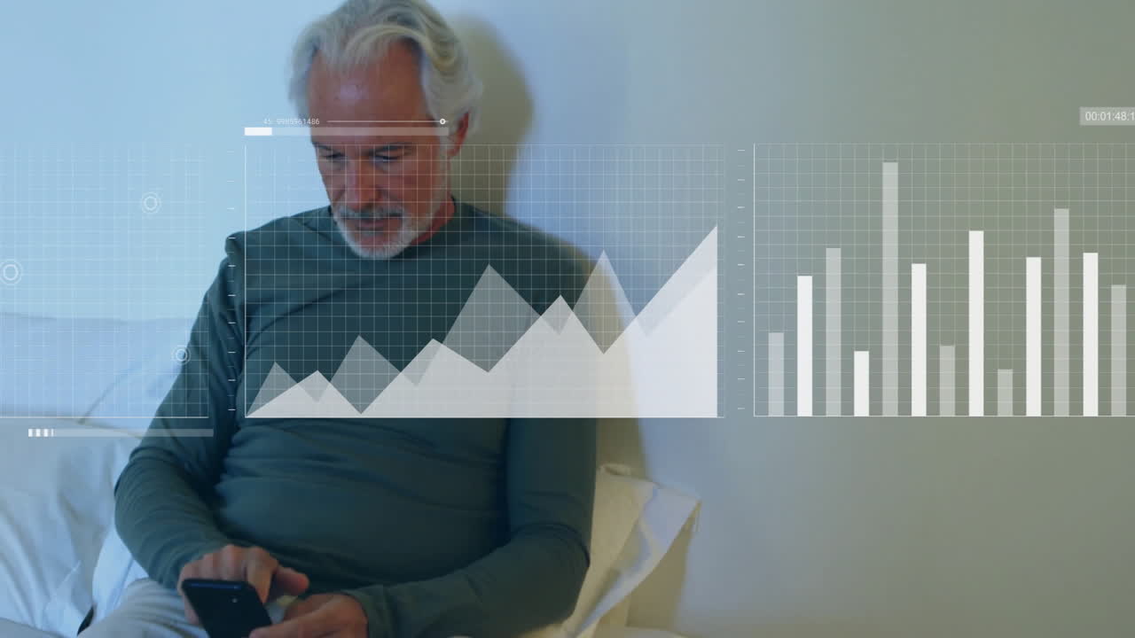 Analyserer data på smartphone, mand med grafer og diagrammer animation over ham